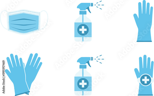 Medical safety and hygiene icon set featuring face mask, disinfectant spray bottle, and protective gloves for healthcare, sanitation, and virus prevention concepts