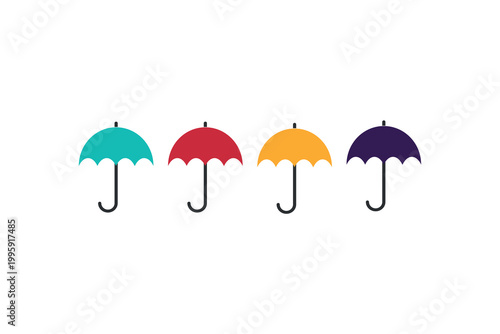Colorful umbrellas: teal, red, yellow, purple in minimalist design.