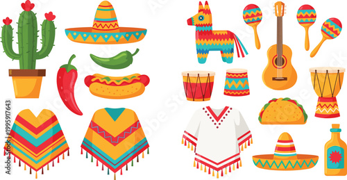 Mexican culture icon set featuring sombrero, poncho, guitar, maracas, taco, piñata, cactus, chili pepper, and traditional festive elements for celebration themes