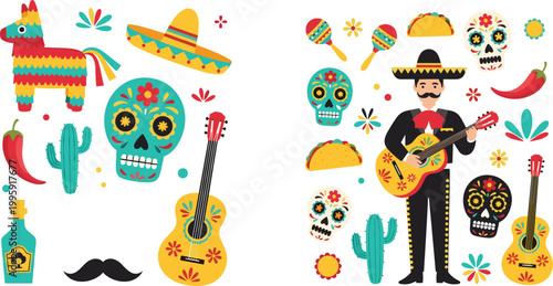 Mexican Day of the Dead icon set featuring mariachi musician, sugar skulls, guitar, sombrero, cactus, tequila, and festive cultural elements