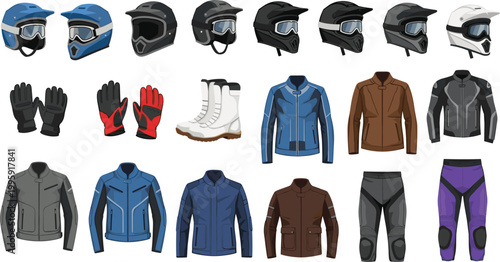 Motorcycle riding gear and apparel icon set featuring helmets, gloves, boots, jackets, and protective pants for biker safety and outdoor riding concepts
