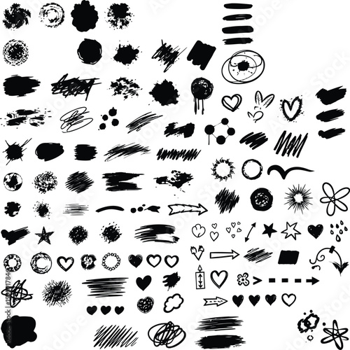 Collection of hand drawn ink splatter and brush stroke elements