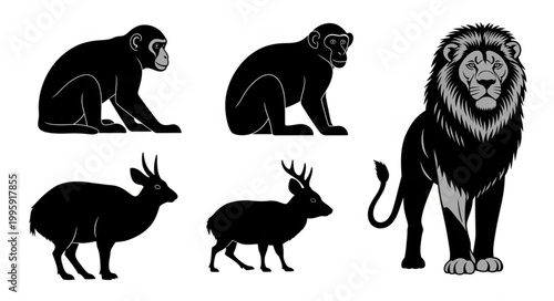 Collection of Silhouette Animals Including Lion Monkeys and Deer.