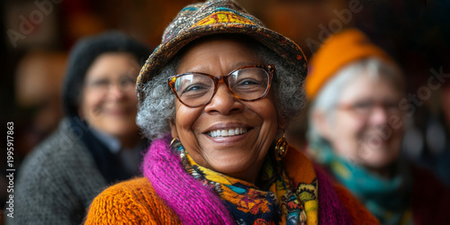 A warm and joyful portrait of a smiling senior woman with grey curly hair and glasses, wearing a patterned hat and a vibrant orange and pink scarf. She is the central focus, with two other smiling 