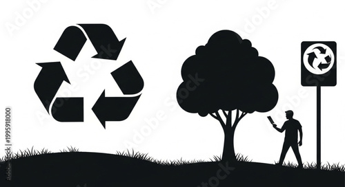 Recycling symbol tree and person silhouette environmental concept.