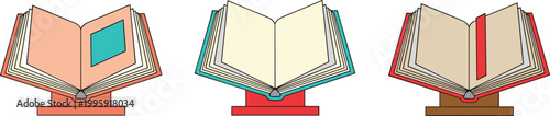Open book on stand icon set featuring holy scripture display for education, religion, reading, study, and spiritual learning concepts in flat design