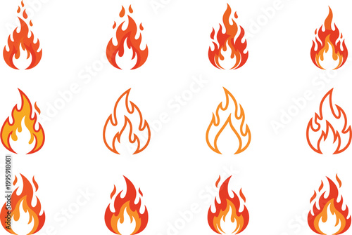 Minimal fire flame icon set featuring simple burning flame shapes for heat, danger, energy, and modern flat design concepts