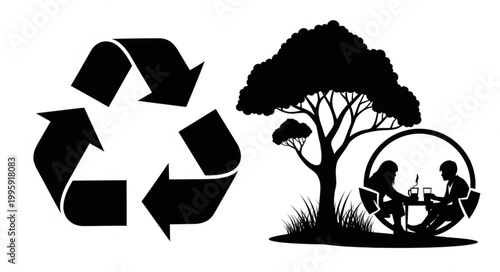Recycling symbol and people enjoying nature outdoors.