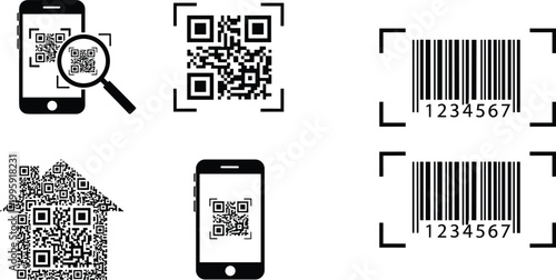 QR code and barcode scanning vector set featuring smartphone, magnifier, digital identification, product labeling, and tracking technology icons in black style