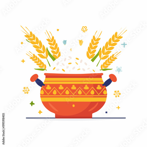 Rice Pot with Wheat Stalks and Decorative Elements