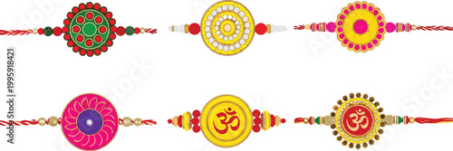Raksha Bandhan rakhi icon set featuring decorative Indian bracelets with Om symbol, beads, and traditional thread designs for festive celebration concepts