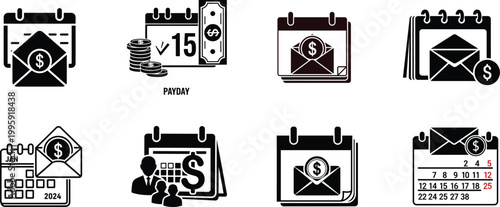Set of payday and salary payment icons with calendar and money envelope symbols