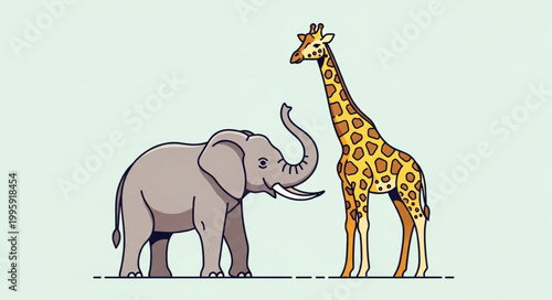 Elephant and Giraffe Standing Together Side by Side.