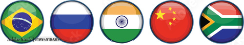 Round glossy BRICS country flags icon set featuring Brazil, Russia, India, China, and South Africa for global economy and international business concepts