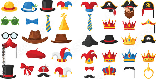 Party costume and accessories icon set featuring hats, crowns, masks, glasses, mustaches, ties, and carnival props for celebration and festive events