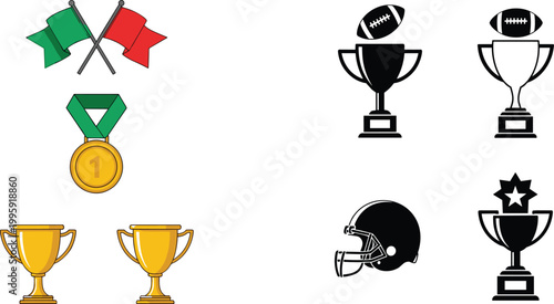 Sports award and football icon set featuring trophies, medals, flags, helmet, and championship symbols for competition, victory, and achievement concepts