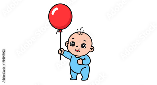 Baby holding red helium balloon.