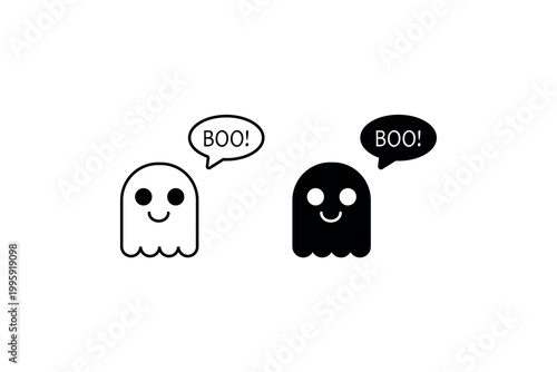 Cute cartoon ghosts saying boo with speech bubbles in black and white.