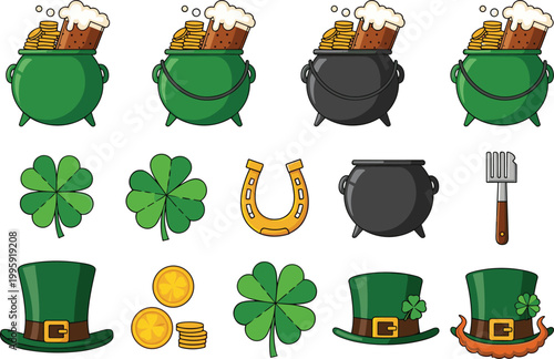 Saint Patrick Day icon set featuring leprechaun hat, clover, pot of gold, horseshoe, coins, and cauldron for Irish celebration and festive themes