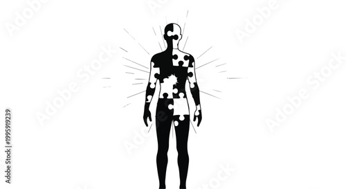 Fragmented human silhouette composed of puzzle pieces, symbolizing integration and wholeness.