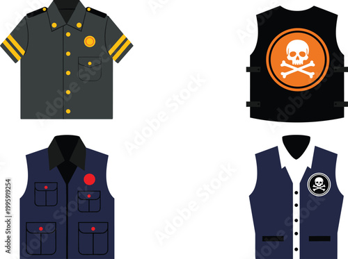 Tactical vest and uniform icon set featuring police shirt, bulletproof vest, security gear, and protective clothing for law enforcement and safety concepts