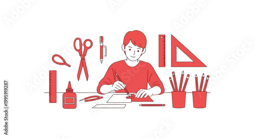 Boy sitting at desk with art supplies.