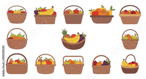 Brown baskets filled with colorful fruits.
