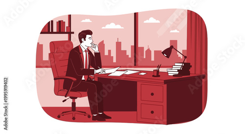 Businessman thinking at desk in office with city view