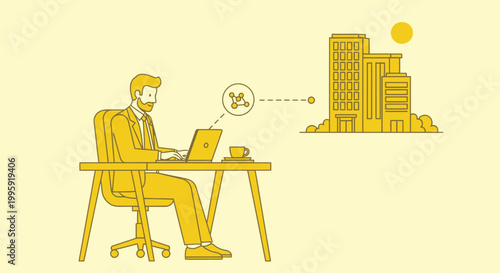 Businessman working remotely on laptop connected to corporate buildings