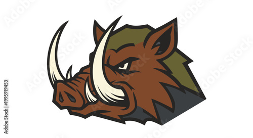 Cartoon boar head with tusks side.