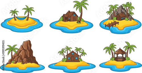 Tropical island icon set featuring palm trees, huts, beach houses, cliffs, and ocean scenery for travel, vacation, summer, and paradise concepts