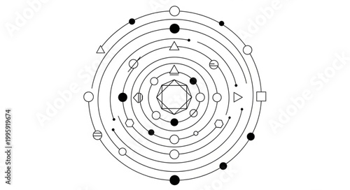 Abstract Circular Geometric Pattern with Symbols and Dots.