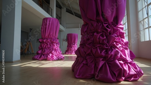 Vibrant Fuchsia Pleated Silk Curtains Cascading with Ruffles in a Modern Interior Space