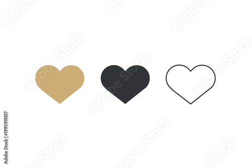 Three simple heart icons in gold, black, and outline design.