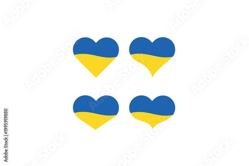 Four blue and yellow heart shapes representing ukrainian flag and symbolizing unity.