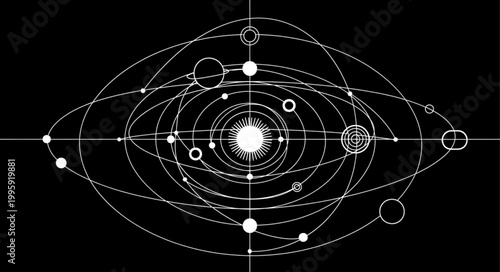 Abstract representation of a solar system with orbiting planets.