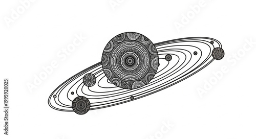 Abstract representation of a solar system with planets orbiting a central star.