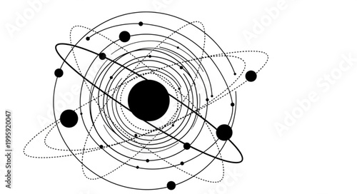 Abstract representation of atomic structure with orbiting electrons.