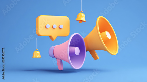 3D Two Megaphone with speech bubble message and bell notification. News and loudspeaker. Social media promotion and announce. Marketing concept. Creative design banner on blue background. 3D Rendering