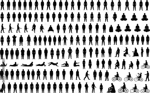 Black and white of diverse human activities and people silhouette walking sitting running