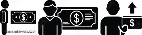 Black silhouette icons of people with dollar money bills and business growth