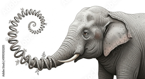 Elephant with spiral trunk and abstract elements.