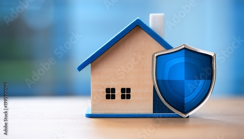 a small house with a blue shield symbol representing home security and protection against risks