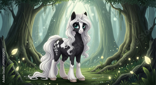 Fantasy creature with white mane and tail in a magical forest.