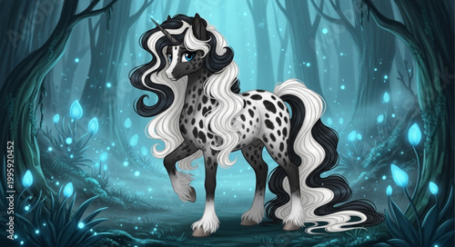 Fantasy horse with black and white coat and flowing mane.