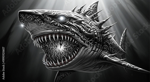 Fearsome Shark with Glowing Eyes and Intricate Patterns.