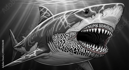 Fierce Great White Shark with intricate patterns on its skin.