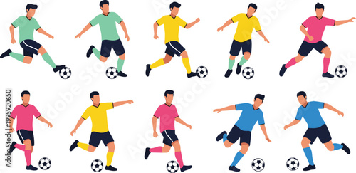 Large collection of soccer player vector illustrations featuring male athletes in various action poses like dribbling kicking running and playing football for sports design