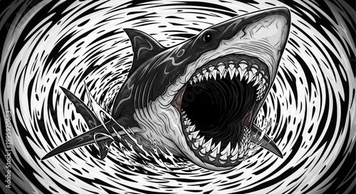 Fierce Great White Shark with Mouth Open and Sharp Teeth.