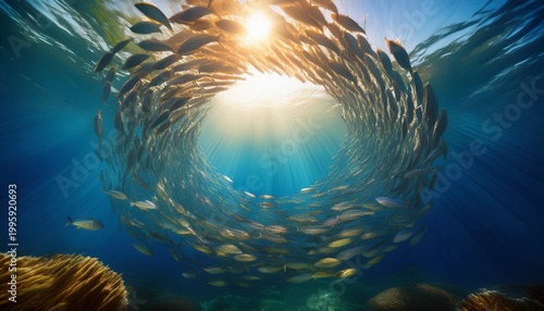 school of fish forming a circular pattern beneath sunlit ocean water concept of marine life unity and underwater ecosystem